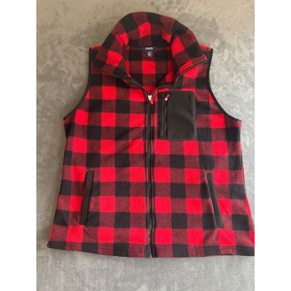 Chaps Other - Chaps Sport Mens XL Red Black Buffalo Plaid Fleece Full Zip Vest Pockets